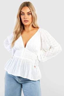 Plus Button Down Broderie Smock Top, White - 54