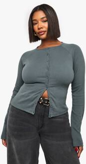 Plus Button-Down Top Met Knoopsluiting En Lange Mouwen, Khaki - 44