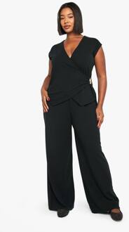 Plus Capmouw, Gouden Trim Detail, Wraptop En Broek Met Wijde Pijpen, Black - 44