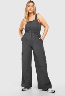 Plus Cargo Geweven Utility Scoop Jumpsuit, Charcoal - 56