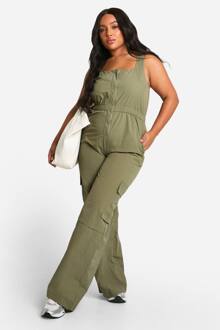 Plus Cargo Geweven Utility Scoop Jumpsuit, Khaki - 44