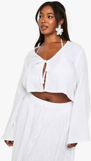 Plus Cheesecloth Top Met Lange Mouwen En Strik Aan De Voorzijde, White - 56