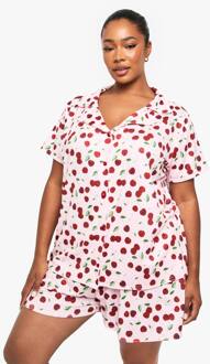 Plus Cherry Print Pyjama Set Met Korte Mouwen En Korte Broek, Pink - 44
