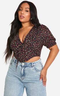 Plus Cherry Puff Top Met Korte Mouwen En Korset, Black - 54