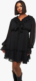 Plus Chiffon Jurk Met Lange Mouwen En Ruches, Black - 56
