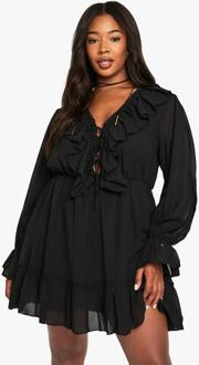 Plus Chiffon Jurk Met Lange Mouwen En Ruffles, Black - 54
