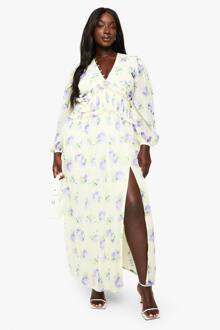 Plus Chiffon Lange Mouw Geplooide Taille Maxi-Jurk, Lemon - 44