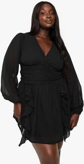 Plus Chiffon Ruffle Skater Jurk, Black - 54