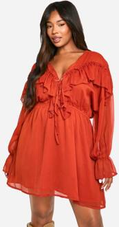 Plus Chiffon Ruffle Skater Jurk, Rust - 44