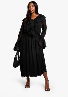 Plus Chiffon Ruffle Tie Belt Skater Maxi Jurk, Black - 44