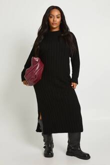 Plus Chunky Rib Zachte Gebreide Midaxi Jurk, Black - 52