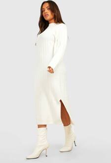 Plus Chunky Rib Zachte Gebreide Midaxi Jurk, Ecru - 48