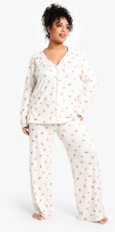 Plus Coffee Print Pyjama Set Met Lange Mouwen & Broek, Cream - 44