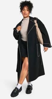 Plus Contrast Stitch Jas Met Riem In Wol-Look, Black - 48