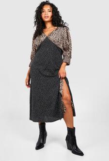 Plus Contrasterende Dierenprint Midi Jurk Met Pofmouwen, Leopard - 56