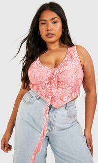 Plus Corset Top Met Ruffles En Kant Aan De Voorzijde, Pink - 54