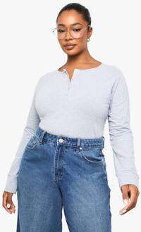 Plus Cotton Henley Met Knoopsluiting, Boxy Top, Ash Grey - 46