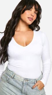 Plus Cotton One Piece Met Diepe V-Hals En Lange Mouwen, White - 46