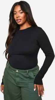 Plus Cotton One Piece Met Lange Mouwen En Ronde Hals, Black - 44