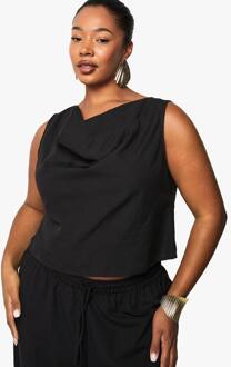 Plus Crop Top Met Linnenlook En Cowl-Hals, Black - 56