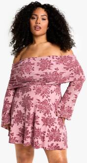 Plus Devore Bardot Mini-Jurk Met Flare Mouwen, Mauve - 50