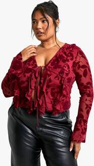 Plus Devore Blouse Met Strikdetail Aan De Voorkant, Burgundy - 56