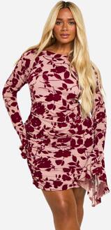 Plus Devore Geruched Shift Jurk Met Uitlopende Mouwen, Plum - 56