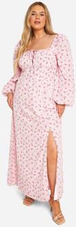 Plus Ditsy Maxi-Jurk Met Ballonnenmouwen En Melkmeisjesstijl, Pink - 46