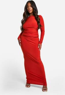 Plus Dubbel Laag Slinky Lange Mouw Scoop Rug Boog Detail Top & Maxi Rok Co-Ord, Rust - 52