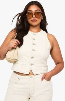 Plus Ecru Denimweste Met Hoge Hals, Ecru - 56