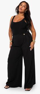 Plus Elastische Taille, Gouden Afwerking, Wijde Pijp Op Maat Gemaakte Broek, Black - 48