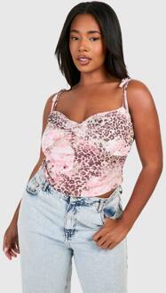 Plus Faded Luipaardprint Mesh Tie Shoulder Korsett Top, Brown - 54