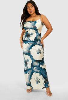 Plus Floral Print Satin Maxi Dress, Blue - 26