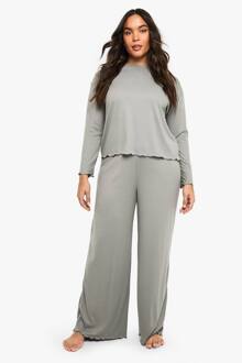 Plus Geborstelde Rib Lettuce Hem Top & Trouser Lounge Set, Ash Grey - 52