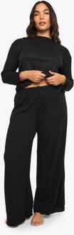 Plus Geborstelde Rib Top Met Lettuce Hem & Broek Loungewear Set, Black - 48