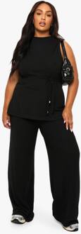 Plus Geborstelde Tuniek Met Strikriem Top En Wijde Pijpbroek, Black - 46