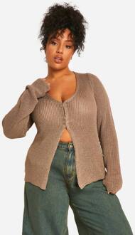 Plus Gebreide Cardigan Met Lange Mouwen, Taupe - 44