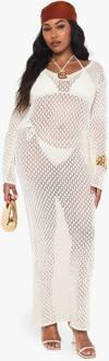 Plus Gebreide Rand Detail Strand Maxi Jurk, Ecru - 56