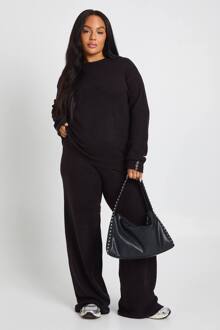 Plus Gebreide Trui Met Ronde Hals En Set Met Brede Broek, Black - 44