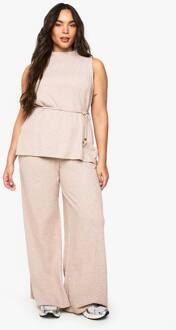Plus Gebrushte Tunic Met Strikriem Top En Broek Met Brede Pijp, Stone - 54