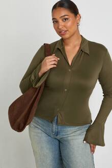 Plus Gekraagde Top Met Knoopsluiting En Lange Mouwen, Khaki - 44