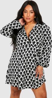 Plus Geo Print Blouse Jurk, Black - 48