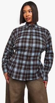 Plus Geplooid Overhemd Met Getailleerde Taille In Geruit Patroon, Brown - 48