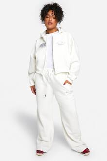 Plus Geprinte Zip-Through Boxy Hoodie En Rechte Pijp Jogger Tracksuit, Ecru - 54
