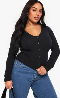 Plus Geraffelde Top Met Kantafwerking En Lange Mouwen, Black - 50