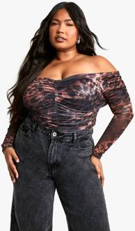 Plus Geraffelde Voorzijde Bardot Top Met Lange Mouwen, Brown - 56