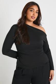 Plus Geraffelde Zij Asymmetrische Off-Shoulder Top, Black - 44