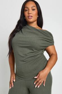 Plus Geribbelde Asymmetrische Top En Wijde Pijpenbroek, Khaki - 44