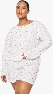 Plus Geribbelde Bloempatroon Top Met Knopen & Korte Pajamaset, Ivory - 46