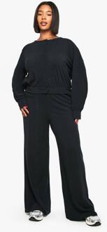 Plus Geribbelde Cardigan Met Knoopsluiting En Broek Met Wijde Pijpen, Black - 46